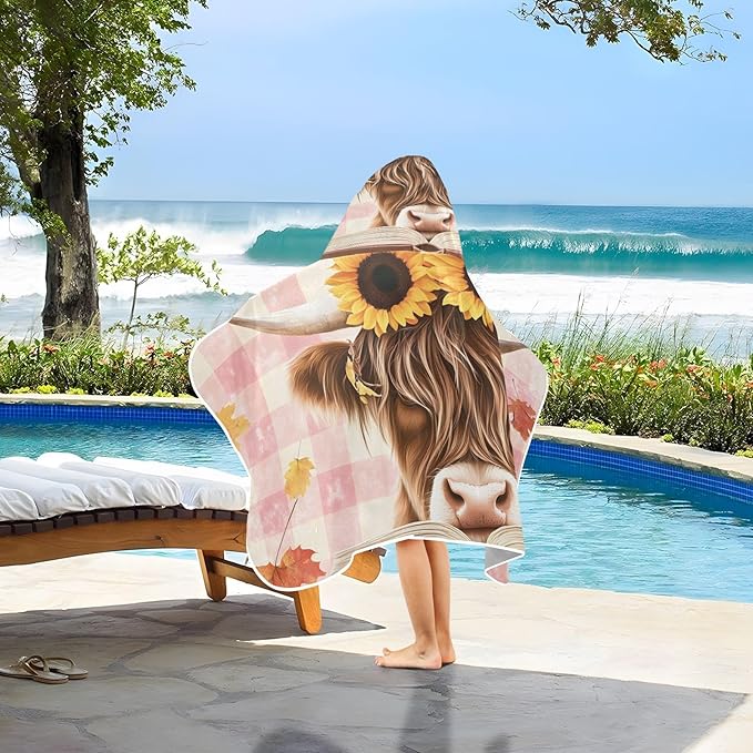 A Highland Cow with Sunflowers Hooded Beach Towel for Kids, Kids Bath Hooded Towels for Boys Girls, Super Soft Absorbent Bathrobe with Hood for Swin Pool 50"x23.5"