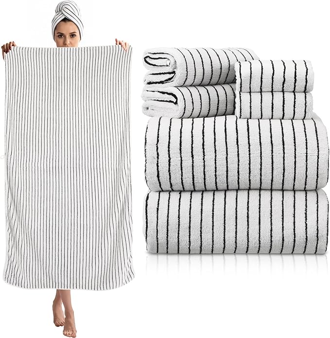 6 Pcs Oversized Bath Towels for Adults 35x70 Inches Black & White Striped Extra Large Bath Towel Sets Bathroom Sheets Jumbo Shower Towels Quick Dry Absorbent Soft Microfiber for Women Men