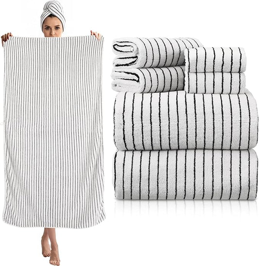 6 Pcs Oversized Bath Towels for Adults 35x70 Inches Black & White Striped Extra Large Bath Towel Sets Bathroom Sheets Jumbo Shower Towels Quick Dry Absorbent Soft Microfiber for Women Men