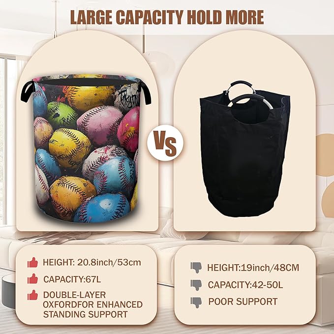Colorful Baseball Laundry Hamper,Laundry Baskets,Waterproof Oxford Cloth Toy Storage for Bedroom,Bathroom,Nursery,16x20.8 Inch