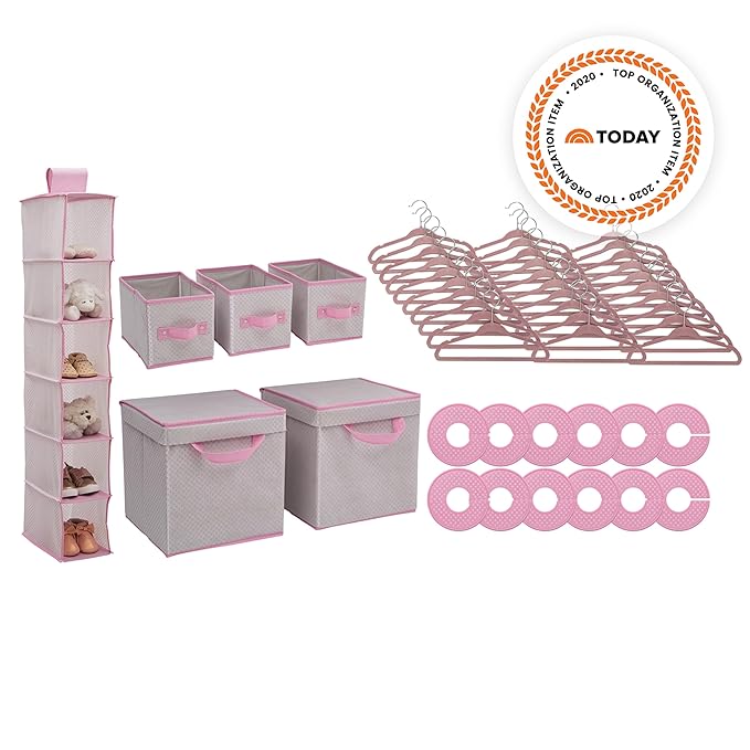 Delta Children Nursery Storage 48 Piece Set - Easy Storage/Organization Solution - Keeps Bedroom, Nursery & Closet Clean, Infinity Pink