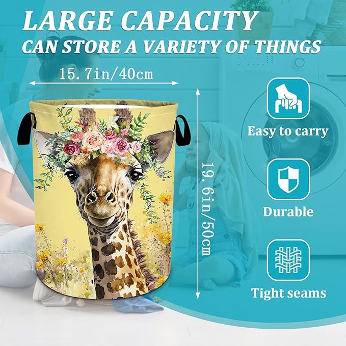 Giraffe Flower Laundry Basket, Foldable Waterproof Oxford Cloth Laundry Hamper Funny Tote Bag Dirty Clothes Storage Bucket Toy Organizer for Bathroom/Laundry/Bedroom 15.7"x19.6"