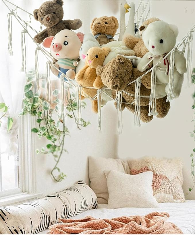 Stuffed Animal Storage Corner Hammock or Net,Toy Storage Hammock for Stuff Animals,Plushie Net for Nursery Bedroom Wall,Stuffed Animal Organizer Holder for Plush,Cute Boho Room Decor(Beige)
