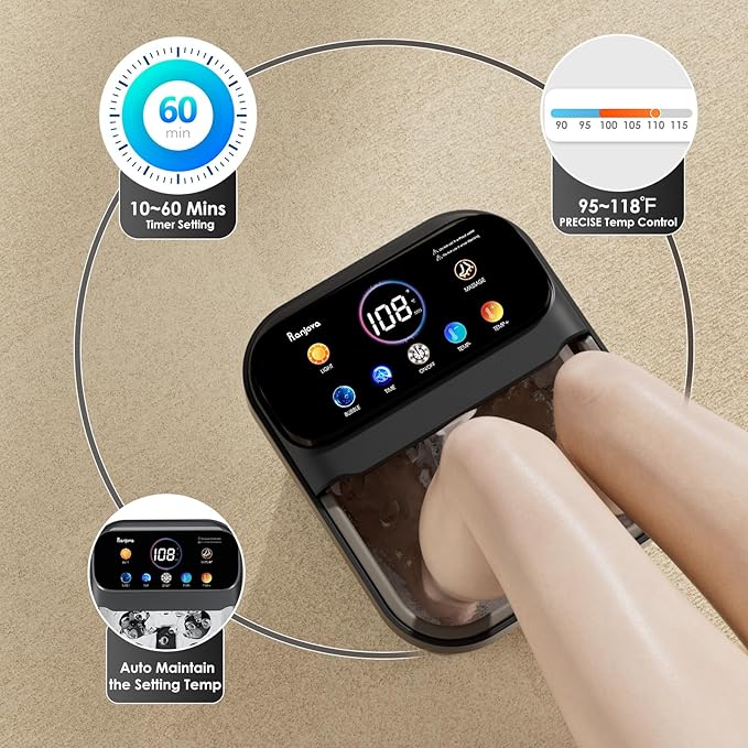 Foot Spa Electric Rotary Massage, with Touchscreen Pro Color Display, Collapsible Foot Bath with Heat, Bubble,Remote Control, Adjustable Temp Control, and 24 Motorized Shiatsu Massage Balls (Black)