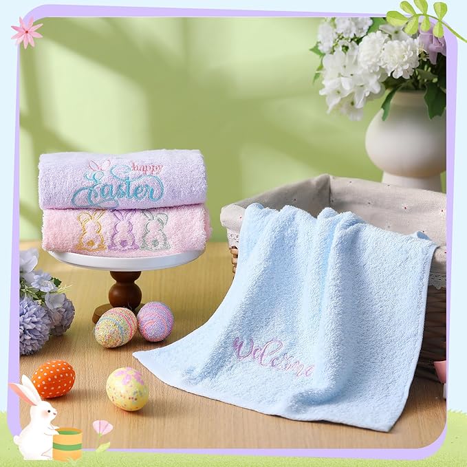 3 Pack Easter Hand Towels 13.4 x 29.2 Inch Cotton Embroidered Happy Easter Bunny Bathroom Towel Absorbent Decorative for Hand Drying Cleaning Gift