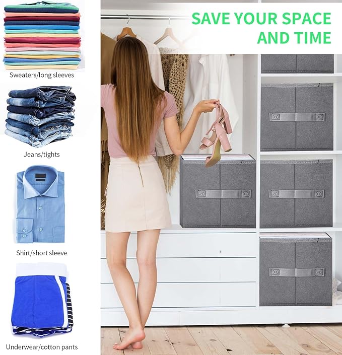 6 PACK Jeans Organizers for Closet, Foldable Wardrobe Clothes Organizer, Stackable Closet Clothes Drawer Organizer Tshirts with 7 Grids for Leggings, Sweater, Jean, Pants, Grey