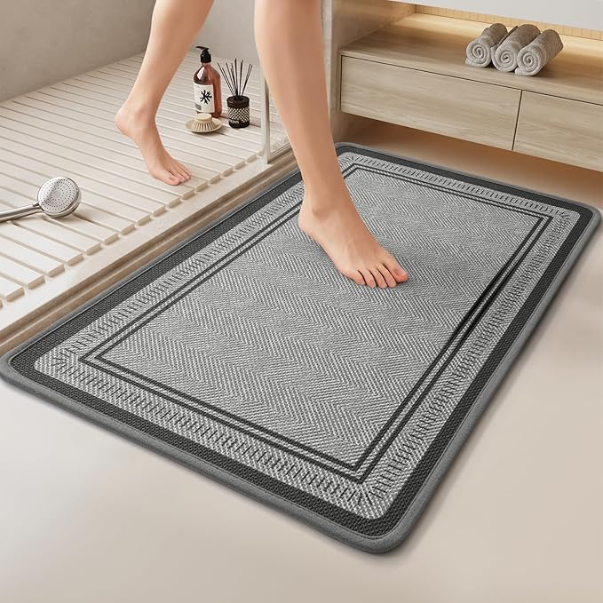 20"×31" Non Slip Bath Mat with Rubber Backing, Absorbent Quick Dry Bath Mats Washable, Low Pile Bathroom Rugs Fit Under Door for Bathroom Floor, Shower and Sink, Grey