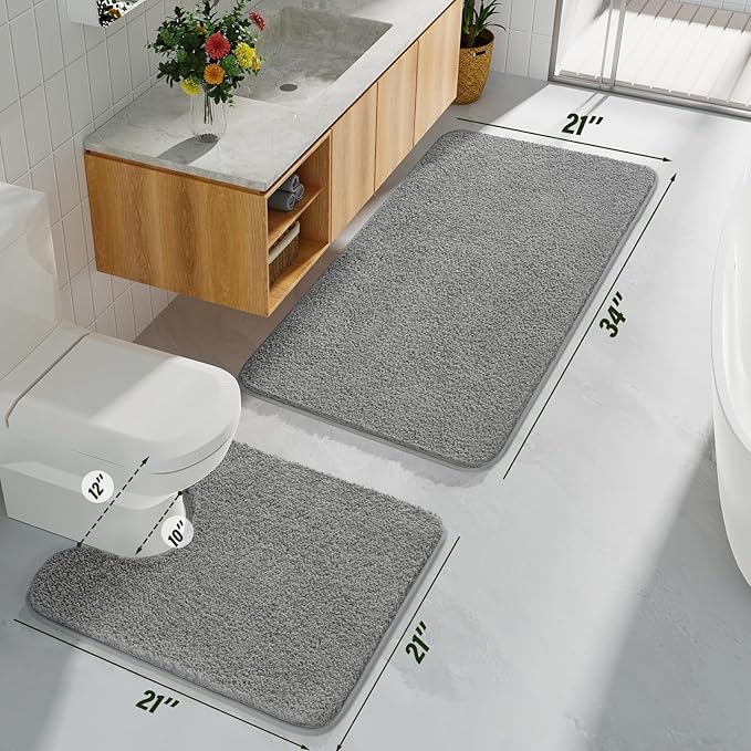 HOMORE Bathroom Rug Set 2 Piece,Soft Absorbent Bath Mats Set,Machine Washable Gray Bath Rug Sets for Bathroom Non Slip,(21"x34"+21"x21") Plush Shaggy U Shape Contour Toilet