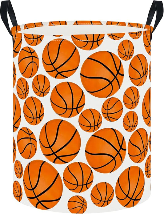 CLOCOR Round Collapsible Flat Storage Basket,Space-Saving Fabric Laundry Hamper for Clothes,Nursery Hamper,Gift Basket(Basketball)