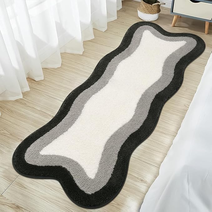 HAOCOO Microfiber Bathroom Runner Rug, 18x47 inch Non Slip Long Rug Runner, Washable Luxury Soft Absorbent Carpet Funny Decor for Shower Kitchen Entryway Bedroom Black/Grey