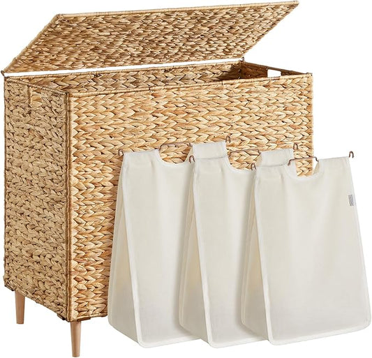 SONGMICS Laundry Hamper 3 Sections, 47.5 Gal. (180 L) Handwoven Water Hyacinth Wicker Laundry Basket with Lid, Natural Material, Removable Machine Washable Liners, Handles, Natural ULCB203Y01