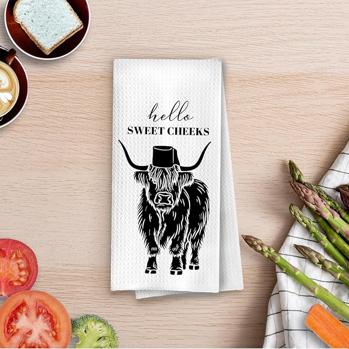 Highland Cow Hand Towels - Western Highland Cow Gifts Waffle Decorative Hand Towels, Hello Sweet Cheeks Bathroom Decor, 16x24 Inches