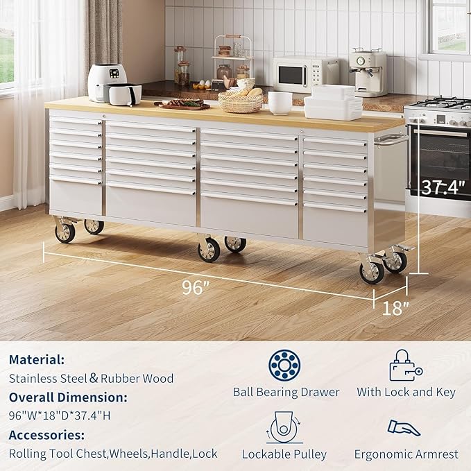 96" Rolling Tool Chest with 24 Drawers, Solid Rubber Wood Workbench Top, Locking Wheels & Key Lock, Mobile Garage Storage Cabinet for Workshop Organization