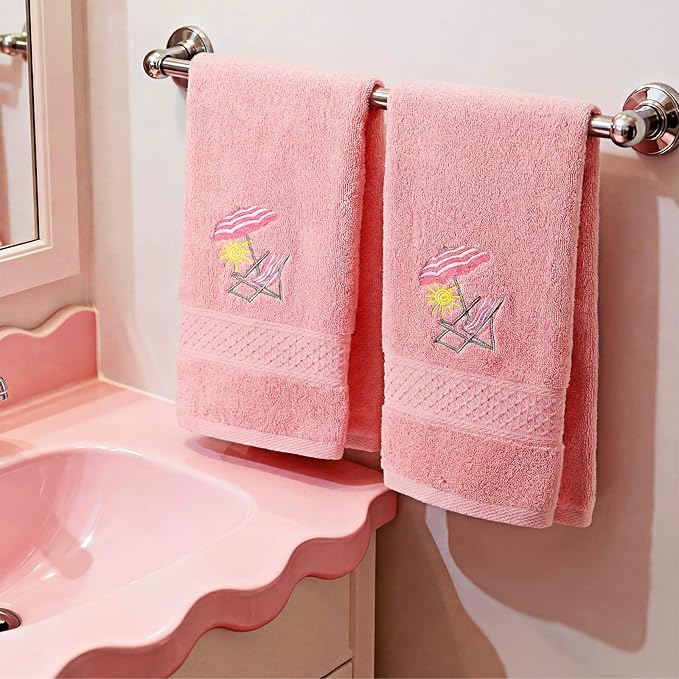 2 Pcs Beach Chair Hand Towels Pink Bathroom Decor 14x29 Inch Embroidered 100% Cotton Soft Absorbent Spring Summer Decorative Hand Towels for Bathroom Kitchen