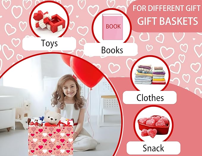 Large Valentine's Day Basket Heart Shaped Storage Bin for Gifts Collapsible Organizer Room Decor (Pink Bottom Red White Love)