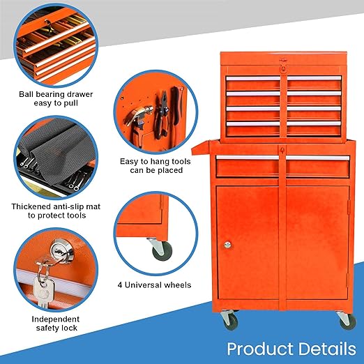 Tool Cabinet, Tool Chest with Wheels, Garage Tool Box, 5 Drawer Rolling Tool Chest and 2 Lockers, Detachable Storage Cabinet, for Garage Warehouse Workshop, Yellow