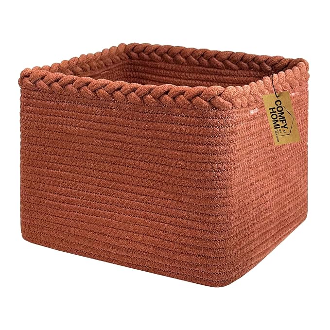 COMFY-HOMI Square Woven Cotton Rope Basket for Organizing, Gift Baskets for Handles, Empty Gift Baskets, Toy Basket for bins|13.5" x 11" x 9.5" home decor for Living Room, Bathroom