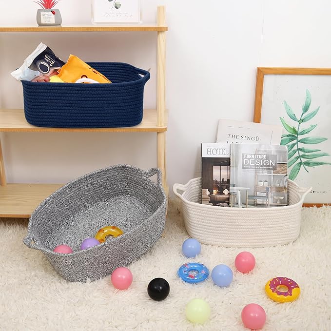 ABenkle Small Storage Basket with Handles, Cotton Rope Woven Dog Cat Toy Bin, Decorative Shelves Closet Organizing for Nursery Laundry Bedroom Bathroom, 14.2''x 11''x 5.1''