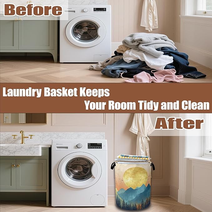 Mountains Sun Nature Scenery Laundry Baskets,Laundry Hamper,Storage Basket with Handles for Bathroom Bedroom College Dormitory Living Room Nursery Organizer 16"x20.8"