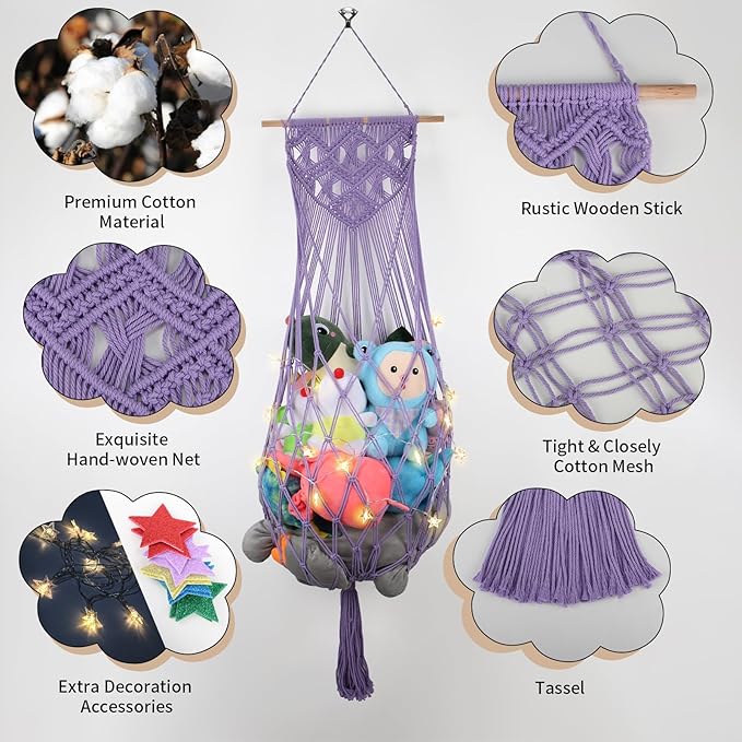 Stuffed Animal Storage Net, 63’’ Jumbo Stuffed Animal Hammock Corner Wall Ceiling Over Door Hanging Toy Hammock Organizer, Purple Boho Macrame Plushie Toy Net w/ LED Lights for Baby Boys Girls Gift