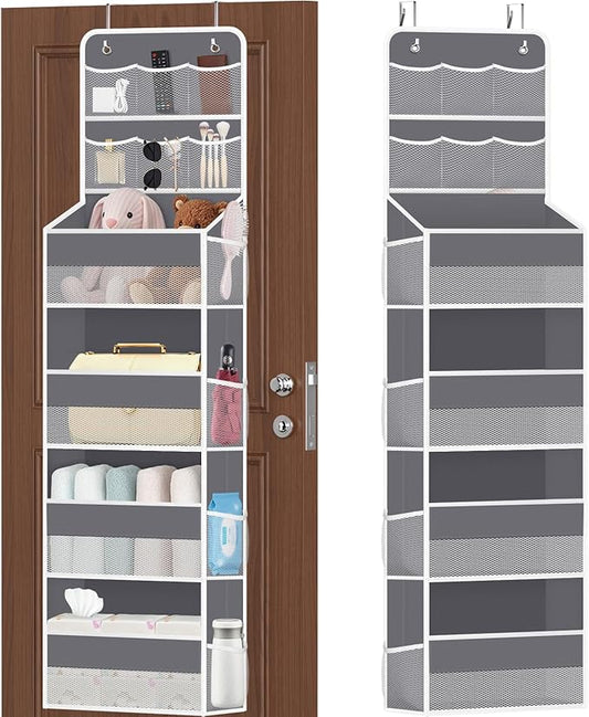 6-Tier Over The Door Organizer with Mesh Pockets, Baby Nursery Storage for Closet, Bathroom and Bedroom, Adjustable Hanging Closet Organizer for Cosmetics, Books and Essentials（Dark Grey）