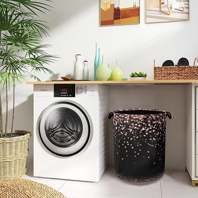 Pink Glitter Laundry Hamper,Dirty Clothes Laundry Basket with Handles Waterproof Oxford Cloth Storage Basket for College Dorms Bathroom Bedroom 16" x 20.8"