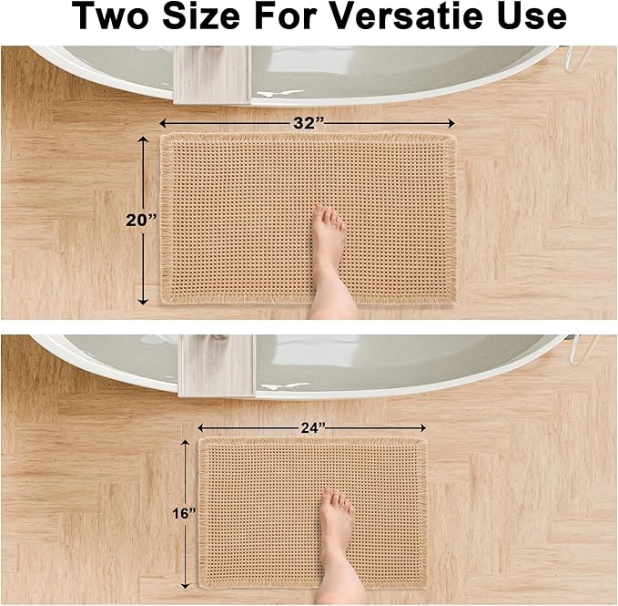 Hiasan Set of 2 Waffle Bath Mat, Super Absorbent Non Slip Bathroom Boho Rug with Tassels, Machine Washable Bath Mats for Bathroom, Ultra Soft Rubber Backed Rug, Brown, 16" x 24" + 20" x 32"