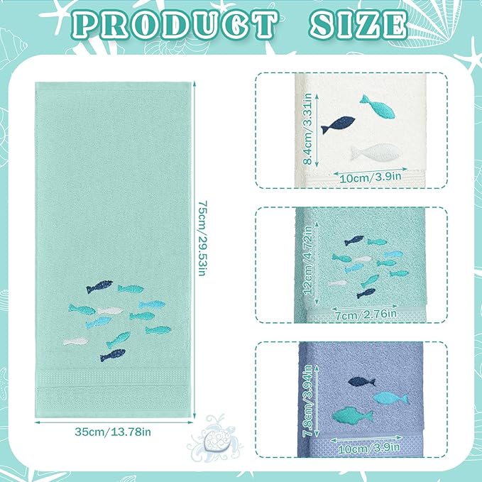 3 Pack Shoal of Fish Coastal Hand Towels for Bathroom 100% Cotton Embroidered Bathroom Towels 13.78 x 29.53 Inch Soft Absorbent (White Green Blue, Fishes)