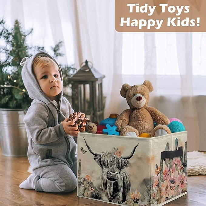 Western Highland Cow Storage Bins, Boho Western Floral Cactus Highland Cow Collapsible Storage Box Laundry Basket with Handle for Home Bedroom Bathroom Office Clothes Toys Books