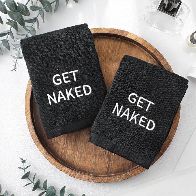 2 Pcs Get Naked Hand Towels 100% Cotton Embroidered Bathroom Towel Modern Decorative Housewarming Gifts, Funny Bathroom Decor 29 x 13 Inch (Black)