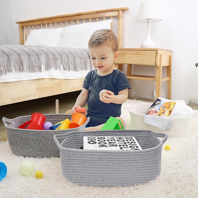 ABenkle Small Storage Basket with Handles, Cotton Rope Woven Dog Cat Toy Bin, Decorative Shelves Closet Organizing for Nursery Laundry Bedroom Bathroom, 14.2''x 11''x 5.1''