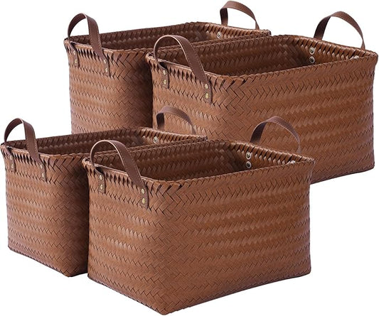 15x10x9 Woven Laundry Basket Hamper, Storage Basket for Clothes Blankets, 4-Pack Wicker Bin for Closet Shelves Bedroom Bathroom, Brown