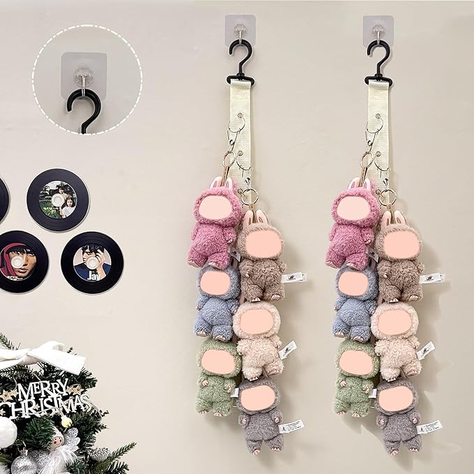 Plush Doll Hanging Storage Rope Display Rack with 8 Clips – Wall Hanging Organizer for Keychain Plushies, Mini Toys– Holds up to 3kg (2 PCS Black)