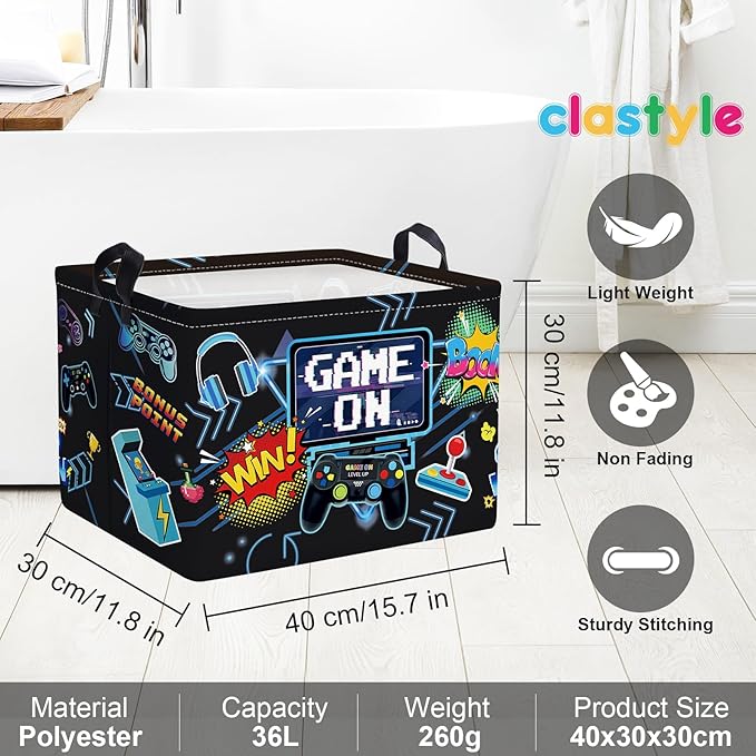 Clastyle Cool Game Storage Basket Kid Game Controller Clothes Laundry Hamper Collapsible Boy Toy Box for Nursery Palyroom,Black,40 * 30 * 30 cm