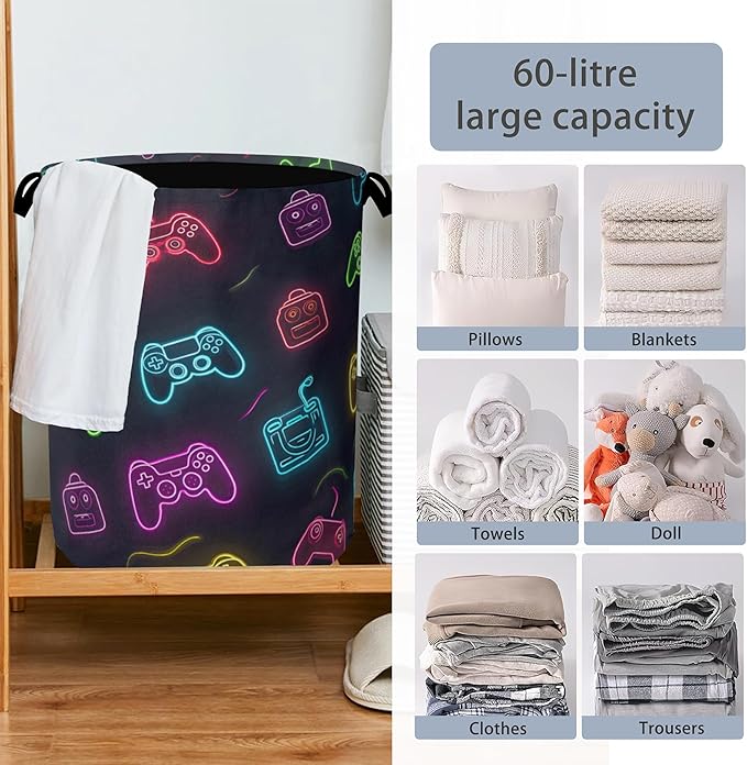 Gamepad Laundry Basket,Foldable Oxford Cloth Tote Bag Laundry Hamper Clothes Storage Bucket Organizer for Bedroom Laundry Storage Dormitories 16" x 20.8"