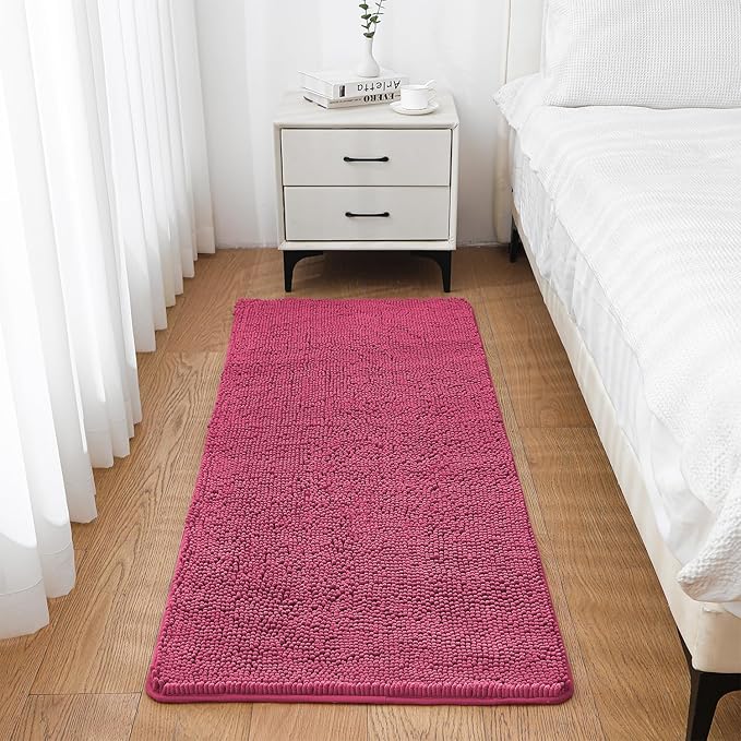 Hot Pink Bathroom Rugs 24"x60" - Long Plush Chenille Non-Slip Runner Bath Mat - Absorbent, Washable, Soft Decor for Shower, Sink, Tub, Floor, Home Accessories