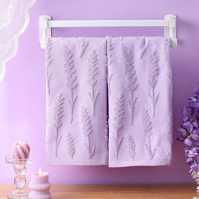 2 Pcs Lavender Hand Towels for Bathroom Purple Lavender 100% Cotton Jacquard Weave Bath Towel Set Soft Absorbent Dish Washcloth for Summer Women Bathroom Kitchen Gifts 13.8 x 29.5 Inch