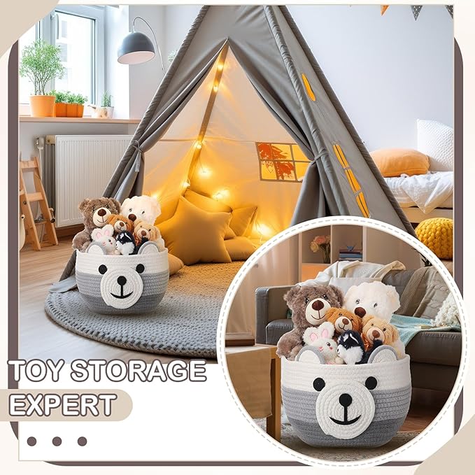 Zopeal Bear Basket 13" D x 9.5" H for Nursery Cotton Rope Woven Cute Storage Basket with Handles Animal Hamper for Baby Shower Laundry Bathroom Home Decorative