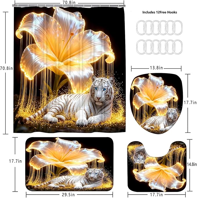 4 Piece Black and Gold Shower Curtain Set with Rugs, Majestic White Tiger & Glowing Golden Lily Floral Art, Luxury Waterproof Fabric Bathroom Decor, Non-Slip Bath Mats & Toilet Lid Cover