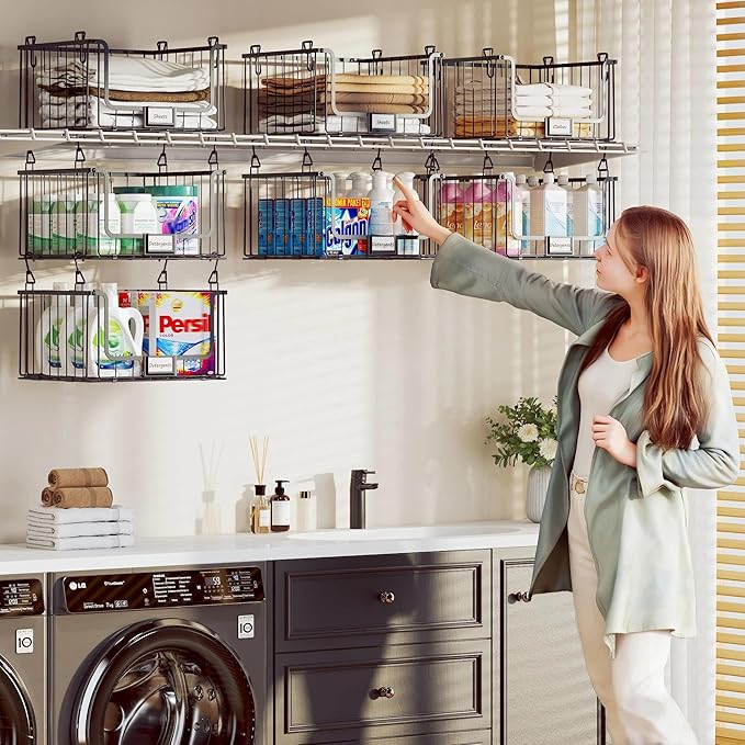 4-Tier Hanging Laundry Room Organizer with Label Cards,Foldable Wire Shelf Basket with 4 Rotating Hooks,Stacked Laundry Basket Organizer,Storage Rack for Laundry Rooms,Closet and Pantry-Black