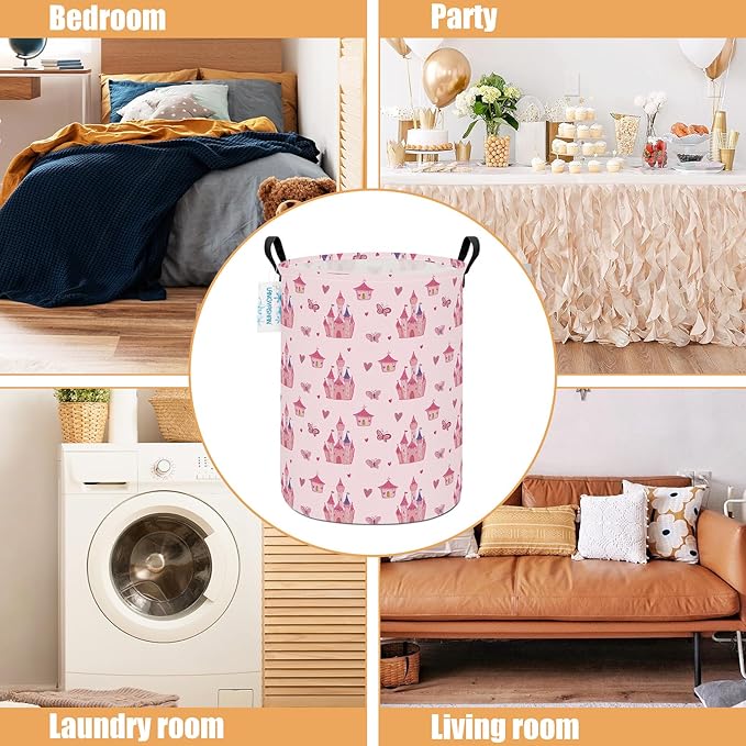 LANGYASHAN Laundry Basket Canvas Fabric Collapsible Organizer Basket for Storage Bin Toy Bins Gift Baskets Bedroom Clothes Children Nursery Hamper (Pink Castle)