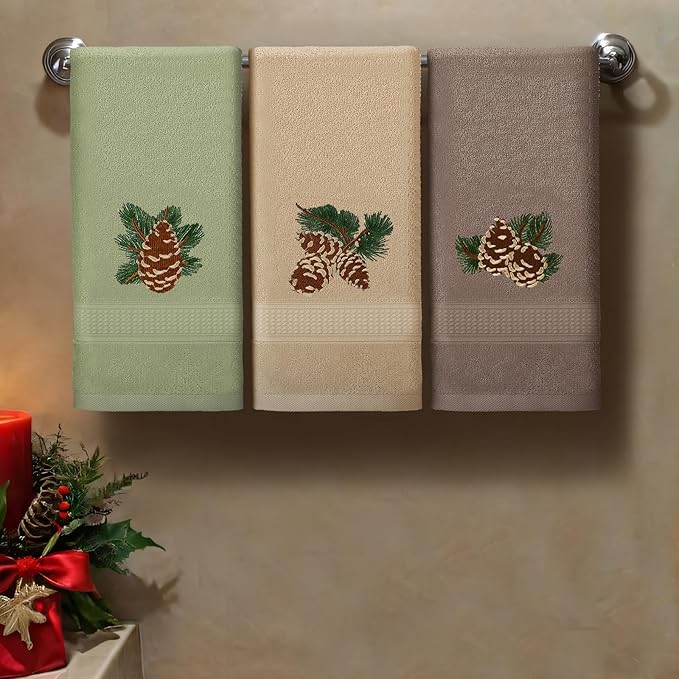 3 Pcs Rustic Pine Cone Hand Towels for Bathroom Christmas Decor, Pinecones Branch Embroidered Decorative Towels for Bathroom Kitchen Holiday Decor, 100% Cotton, 13.3 x 29.5''