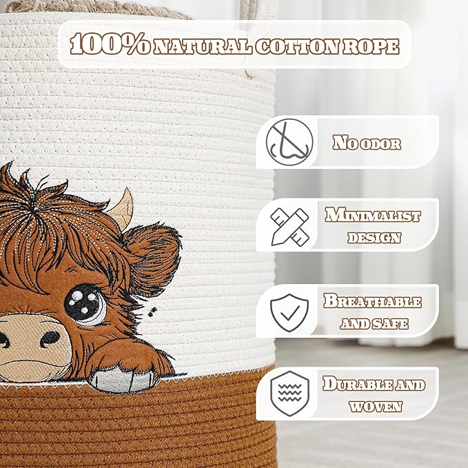 Honeydak Highland Cute Cow Laundry Hamper Brown Tall Cotton Rope Laundry Basket Hamper Large Cow Girly Nursery Basket Storage for Blanket Toys Clothes Organization in Bedroom Bathroom