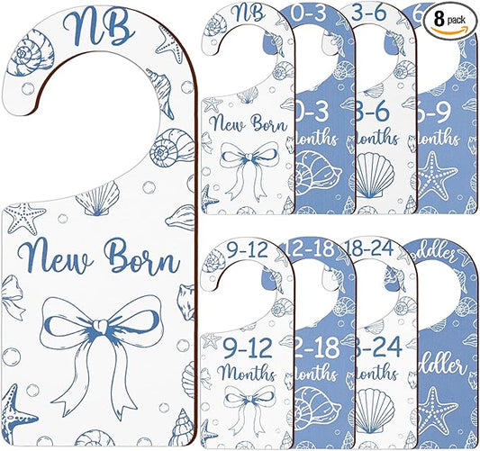 Baby Closet Dividers 8PCS, Blue Shell & Bows Themed Wooden Double-Sided Clothes Size Hanger/Organizer from Newborn to Toddler for Nursery Decor Baby Shower Birthday Party Gift