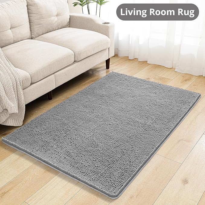 Gray Bathroom Rugs 40"x60" - Large Plush Chenille Non-Slip Runner Bath Mat - Absorbent, Washable, Soft Decor for Shower, Sink, Tub, Floor, Home Accessories