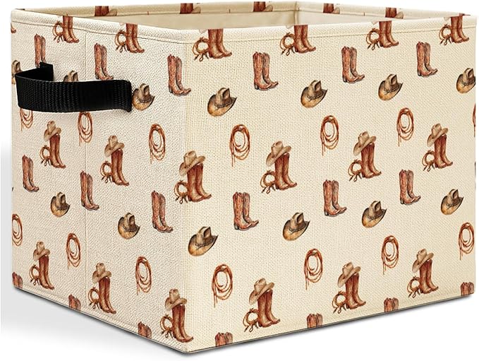 Vintage Western Cowboy Storage Bins Box with Handles, Cowboy Room Decor, Rustic Country Western Laundry Basket Hamper Collapsible Clothes Toys Organizer for Bedroom Bathroom Home