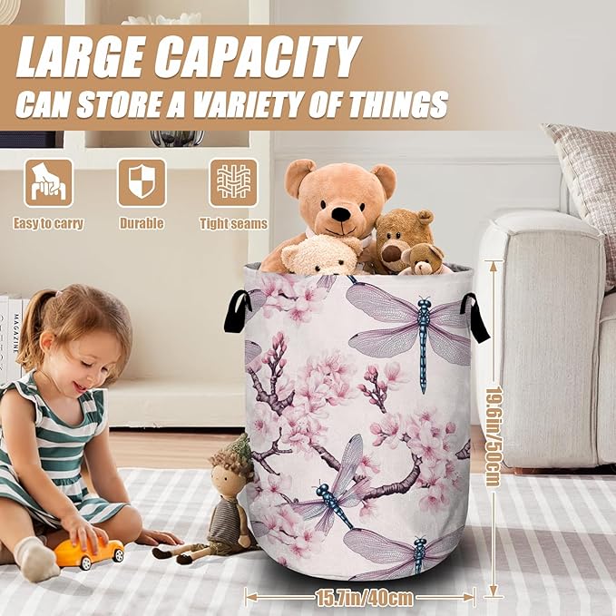 Dragonfly Laundry Basket, Foldable Cherry Blossom Laundry Hamper Tote Bag Dirty Clothes Storage Bucket Toy Organizer for Bathroom/Laundry/Bedroom 15.7"x19.6"