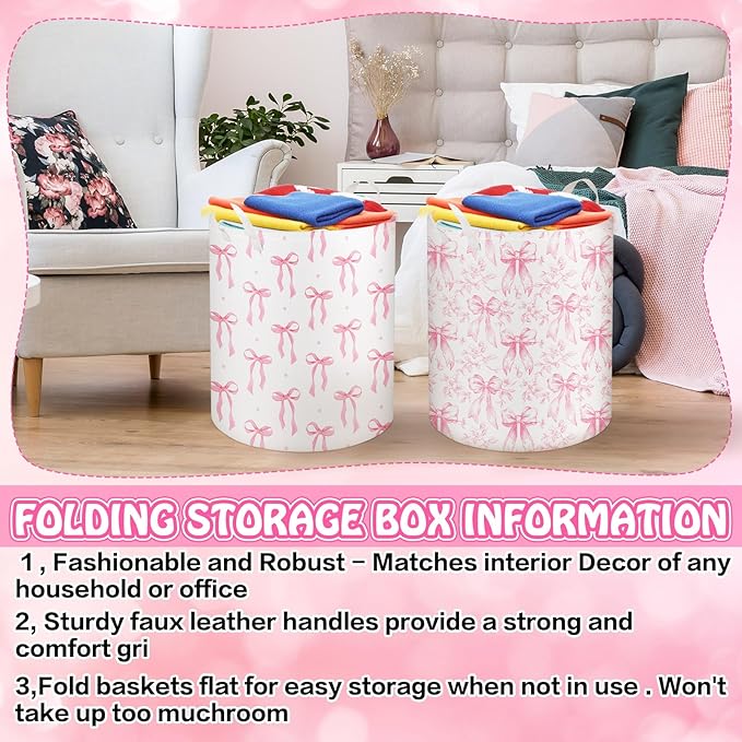 2 Pcs Laundry Basket Coquette Storage Basket for Girls Nursery Hamper with Handles Foldable Waterproof Collapsible Storage Bin Organizer for College Dorms Bathroom(Mixed Bows)