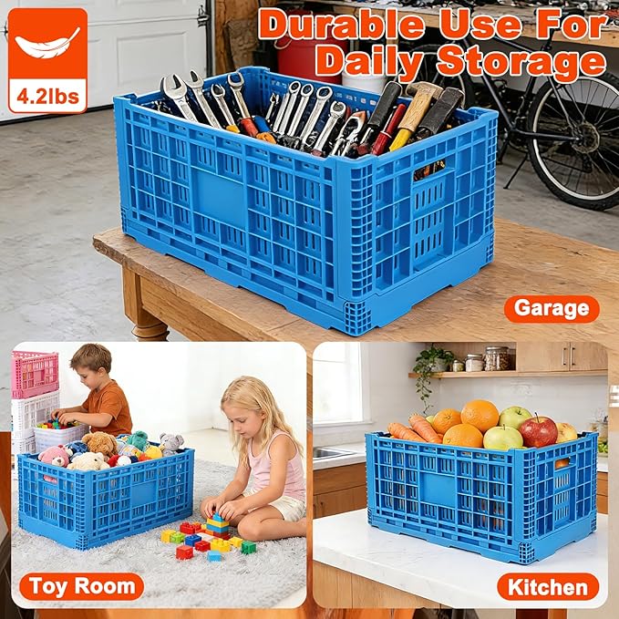 Collapsible Milk Crate, 1 pck 72L(19GAL) Stackable Storage Bins, Heavy Duty Storage Crates, Plastic Crates for Grocery, Warehouse Organization - Extra Large, Holds 130 lbs Per Bin