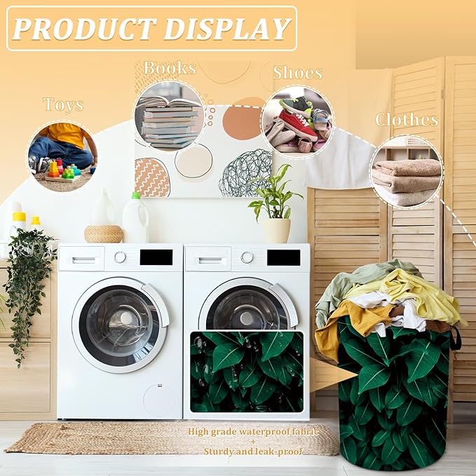 Tropical Leaves Laundry Basket, Plants Laundry Hamper Foldable Waterproof Oxford Cloth Funny Tote Bag Dirty Clothes Storage Bucket Toy Organizer for Bathroom/Laundry/Bedroom 15.7"x19.6"